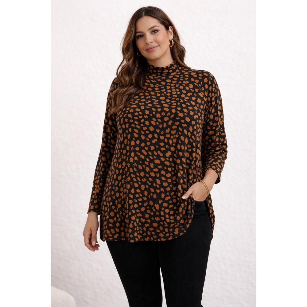 Chicos Touch of Cool Brown Cheetah Turtleneck Shirt Preppy Office Women 4 US XXL